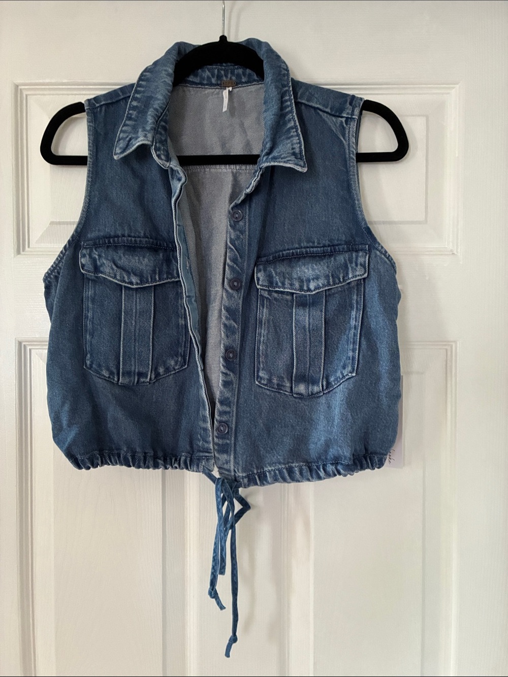 NWT Young Fabulous and Broke Washed Blue Denim Drawstring Crop top